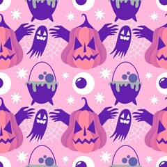 Autumn harvest vegetable seamless monster Halloween pumpkins pattern for wrapping paper and fabrics