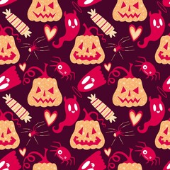 Autumn harvest vegetable seamless monster Halloween pumpkins pattern for wrapping paper and fabrics