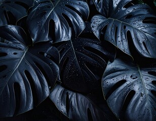 Obraz premium Dark, wet monstera leaves after rain, close-up details of water droplets, glistening surface, charming tropical forest vibes.