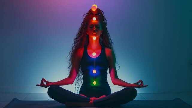 A silhouette of a woman in a serene lotus pose, bathed in soft, diffused light that highlights her form, while colorful orbs of light accent the chakra points promoting balance and tranquility.