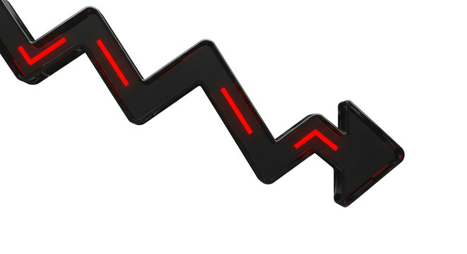 Sleek black downward trending arrow with vibrant red light accents symbolizing financial decline