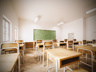 Classroom. Empty white school classroom with green chalkboard. 3D Rendering, 3D Illustration