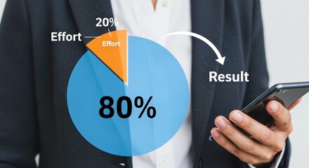 Businesswoman Demonstrates Pareto Principle, Showing 80/20 Rule on Smartphone with Chart, Effort Yields Results, Efficiency