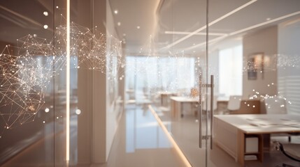 Modern Office Interior with Glass Partition and Abstract Digital Network Overlay for Business Technology Concepts