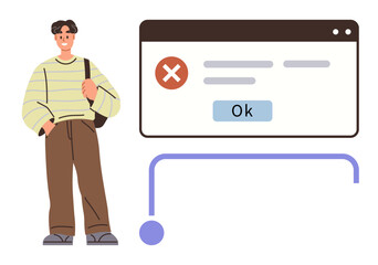 Young man with casual outfit and shoulder bag standing near error message pop-up window with Ok button. Ideal for technology, education, error handling, software issues, problem-solving, user