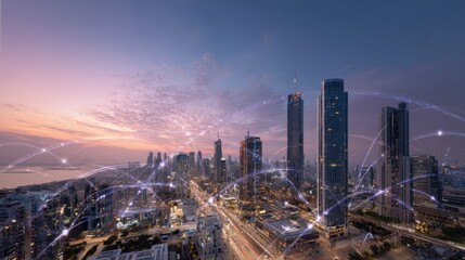 Aerial View of Modern Cityscape with Network Connection Overlay at Twilight, Representing Global Connectivity
