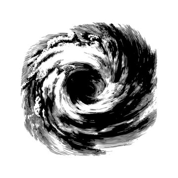 Engraving style illustration of a hurricane from top view in black and white on transparent background &ndash; Storm vector for meteorology education, emergency awareness campaigns, and disaster impact 