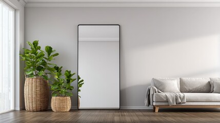 Modern Living Room Interior with Minimalist Decor, Large Mirror, Plants, and Neutral Color Palette