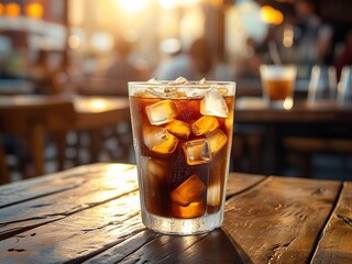 Glass of iced coffee on cafe table, sunlight, shallow depth of field