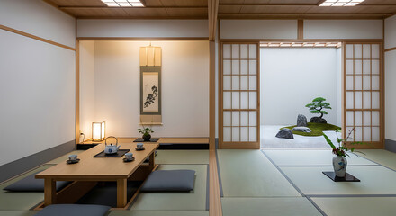Serene Japanese Tea Room Overlooking a Minimalist Zen Garden
