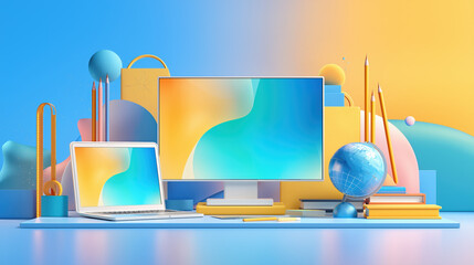 A vibrant, modern workspace set up for education and creativity. A laptop and a large monitor are surrounded by stylized school supplies like books, a globe, pencils, all presented with playful design
