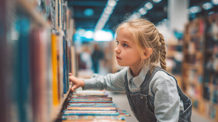 A young girl with a serious and curious expression is shown Browse books on a low shelf. The soft, ambient lighting and blurred background focus attention on her dedicated search for a new story
