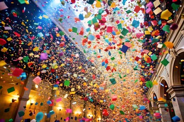 Naklejka premium A vibrant explosion of colorful confetti fills the air, creating a festive atmosphere perfect for celebrating a party, birthday, or any special event