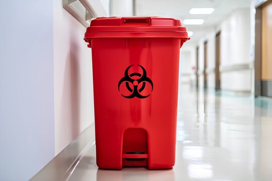 Red biohazard waste bin in empty hospital corridor, medical safety container for hazardous materials disposal