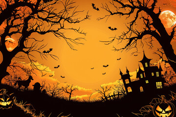 Halloween illustration featuring a haunted house, eerie trees, bats flying, and glowing pumpkins against an orange sunset sky