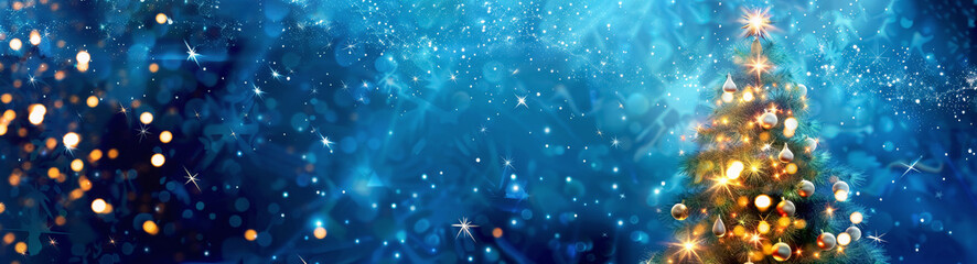Elegant Christmas Tree on Festive Blue Background, Perfect Holiday Decoration. Banner, copy space