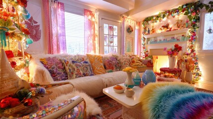 Cheerful dopamine Christmas living room with maximalist decor, bright colors, and cozy winter atmosphere for the holidays.
