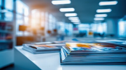 Close-up of Stacked Magazines on Table in Modern Office with Blurred Background