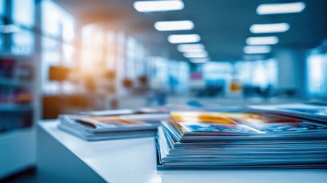 Close-up of Stacked Magazines on Table in Modern Office with Blurred Background