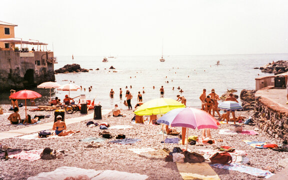 Analog 35 mm film view of Boccadasse beach on a summer day, Genoa