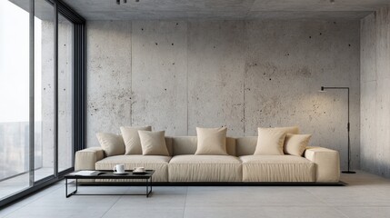 Minimalist Living Room Interior with Modern Sofa, Concrete Wall, and Natural Light - Contemporary Design