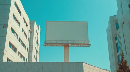 Obraz premium Blank Billboard Mockup Ad Space in Cityscape with Modern Architecture and Clear Blue Sky