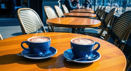 Two Cups of Coffee on Cafe Table, Outdoor Seating Area in a European City