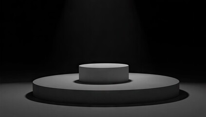 Gray, circular, tiered platform in a dark  setting.