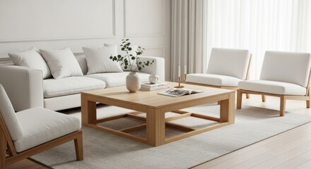 Elegant White Sofa and Wooden Coffee Table