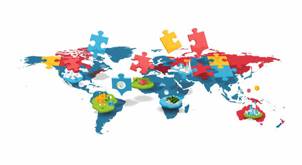 Fototapeta premium World Map Made of Jigsaw Puzzle Pieces with Travel Icons 