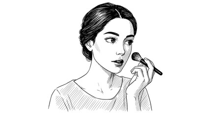 Woman applying makeup with brush while looking in the mirror  