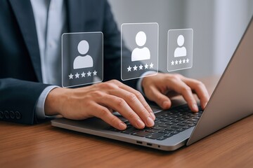 Online Reputation Management: Businessman Monitoring Customer Reviews and Feedback on Laptop for Business Growth