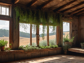 Bundles of herbs drying in rustic wooden barn sunlight
