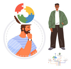 Thoughtful man visualizing colorful puzzle solution, another man standing confidently, tech connections below. Ideal for problem-solving, innovation, teamwork, strategy, brainstorming, individuality