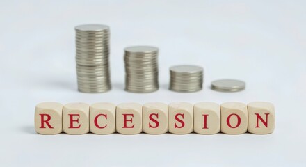 Recession Concept with Declining Stacks of Coins Illustrating Financial Downturn and Economic Crisis on White Background