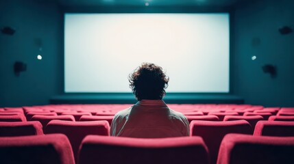 Obraz na płótnie Canvas Man Alone in Movie Theater Watching Blank Screen, Empty Seats, Opportunity and Potential for Entertainment