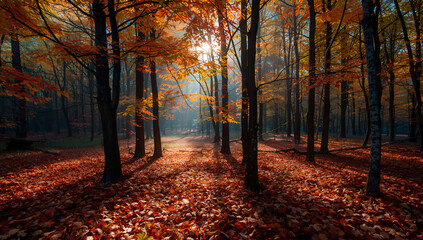 Fototapeta premium A beautiful green forest filled with tall trees and fresh leaves under soft natural light, perfect for eco and nature projects.