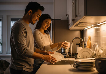 Happy Asian couple smiling while washing dishes together in a modern, well-lit kitchen