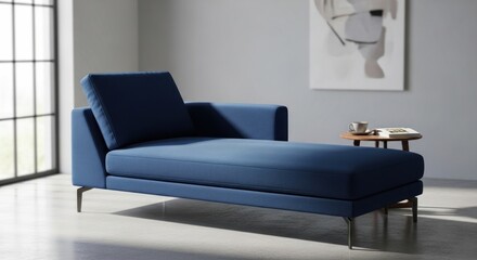 Modern blue chaise lounge in a minimalist living room
