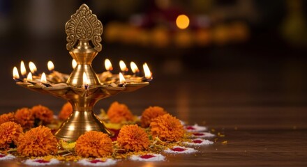 Lit Brass Lamp and Marigold Flowers on Wooden Surface, Diwali Celebration