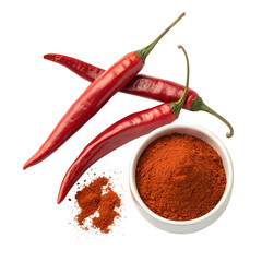 Whole Red Chili Peppers with Ground Chili Powder in White Bowl – Isolated on Transparent Background