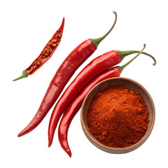 Whole Red Chili Peppers and Ground Chili Powder in Wooden Bowl – Isolated on Transparent Background