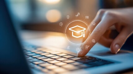 Online Education Concept: Person Using Laptop with Graduation Cap and Learning Icons Overlay