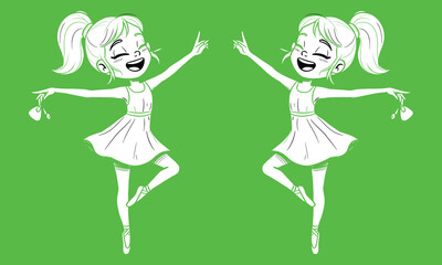 Happy cartoon ballerina girls dancing joyfully, ballet illustration, mirrored pose, green background