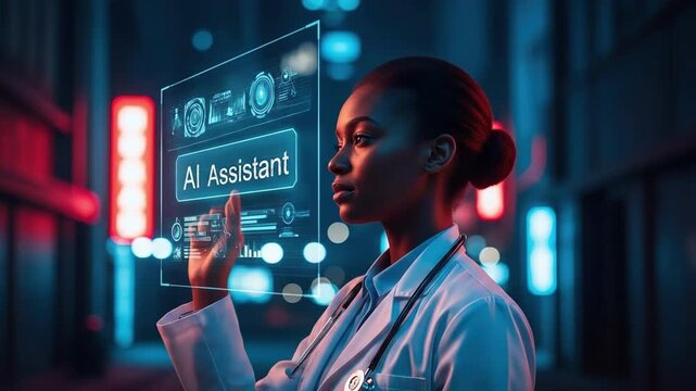 Woman in a lab coat interacts with a futuristic holographic screen Advanced technology provides a helping hand in healthcare research and diagnostics