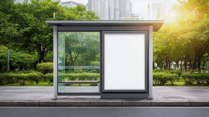 Blank Advertisement Billboard Mockup at Bus Stop, Urban Public Transportation Shelter on Sunny Day