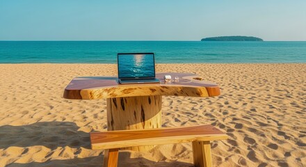 Work From Paradise: Laptop on Beach Desk with Ocean View for Remote Work Lifestyle