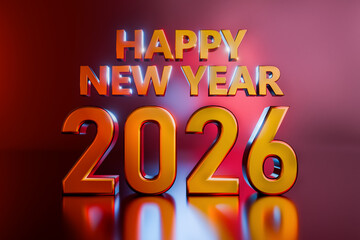 3D Gold Happy New Year 2026 Text on Gradient Background