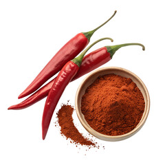 Whole Red Chili Peppers and Ground Chili Powder in Wooden Bowl – Isolated on Transparent Background