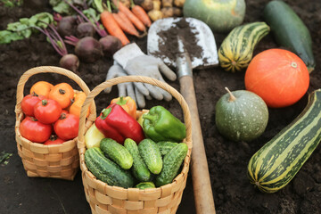 Harvesting different organic vegetables harvest in garden. Fresh carrot, beetroot, pumpkin, tomato, cucumber, pepper and potato on soil ground on garden bed close up